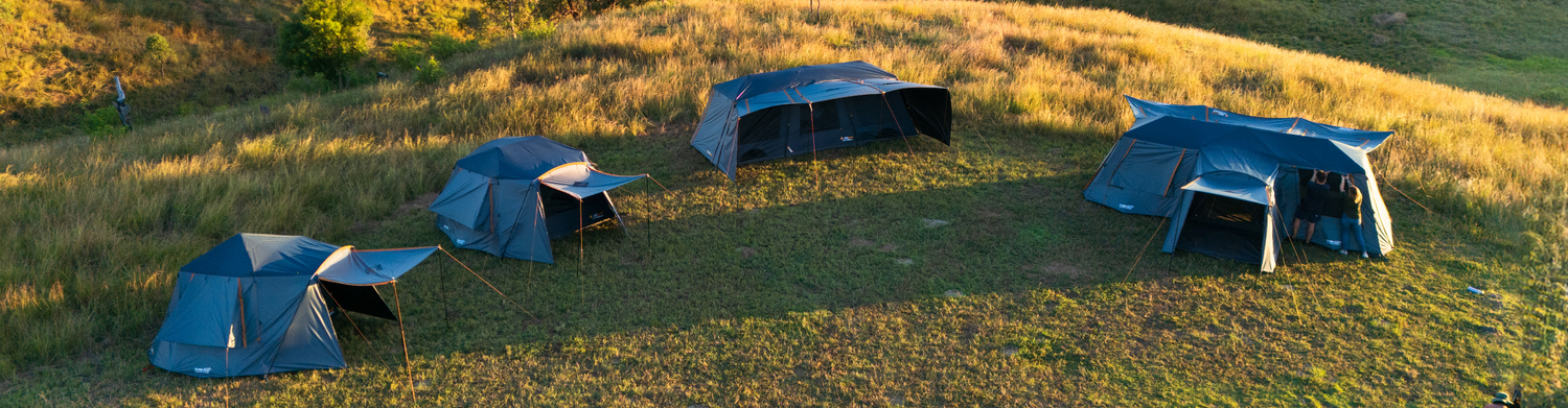 Four tents set up on grassy terrain, surrounded by golden light and natural landscape.